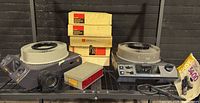 Both Kodak Carousel projectors with trays, boxed slide trays, slide file case