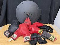 Lot overview showing speed bag on platform and assorted gloves