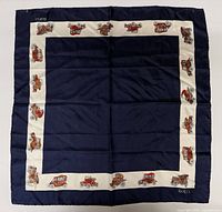 Full view of square navy and cream scarf with car border