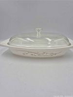 Side view of casserole with lid showing pattern