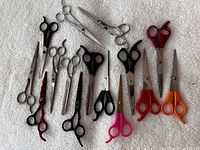 All shears laid out on white fabric