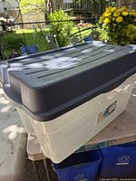 Overall view of clear tote with grey hinged lid