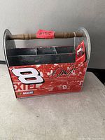 Front view of NASCAR #8 galvanized metal utensil caddy with tag attached