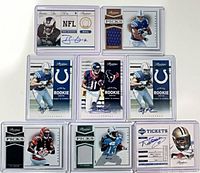 Group shot of 8 sleeved 2012 Panini Prestige cards showing autos and jersey swatches