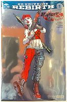 Front view of Harley Quinn #1 silver foil variant in bag with board