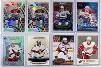 Eight hockey cards in sleeves and top loaders, overview layout