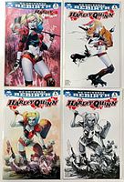 Group shot of all four Harley Quinn #1 variant comics bagged and boarded