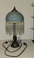 Full view of lamp unplugged showing base, shade, fringe