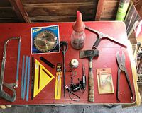 Full lot overview on red table showing all tools and accessories