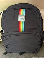 Full front view of Camtop backpack showing rainbow stripe and front pocket