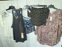 Group shot of five size-large women’s tops on hangers