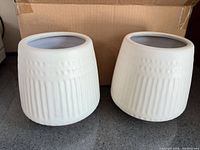 two cream ceramic planters side by side in front of box