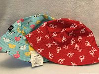 Both hats side by side showing prints and tags