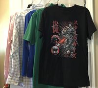 Group shot of all five shirts hanging: black Star Wars tee, blue tee, green tee, plaid button-down, pink button-down