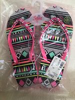 Front view of packaged flip flops showing geometric pattern, pink straps and Justice tag