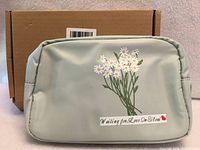 Front view of mint green fanny pack with daisy graphic and box behind