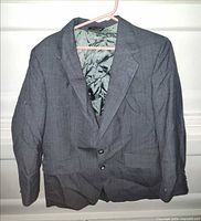 Front view of gray pinstripe jacket on hanger