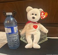 Front view of Valentino bear next to water bottle for scale