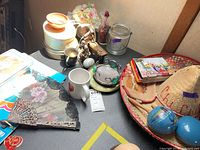 Overview of assorted souvenirs on tabletop