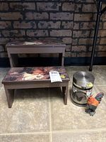 Overall lot showing stool, canister and figurine