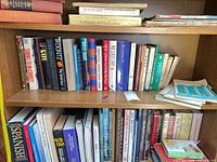 Overall view of three shelves with mixed hardcovers, paperbacks, spiral-bound textbooks and dictionaries