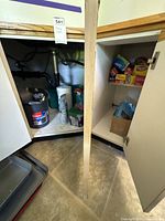 Open under-sink cabinet showing cleaning bucket, large cleaner jugs and adjoining pantry shelf