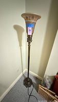 Full view of floor lamp showing height, base, power cord, glass shade