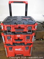 Front view of stacked Milwaukee Packout rolling toolbox system