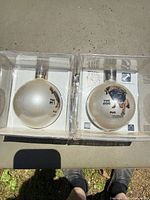 Front view of both boxed glass ornaments showing pug image on right ornament
