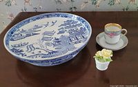 All three items: Willow stand, rose posy, cup and saucer