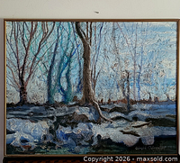 Front view of Gerald Clement 1989 mixed media painting on board showing winter scene and signature