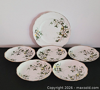 Six matching Royal Albert 6" plates arranged to show pattern and rim wear