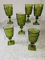 All six green Mount Vernon goblets displayed front view