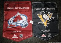 Front of both banners showing Avalanche and Penguins graphics