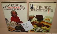 Front covers of both Maida Heatter cookbooks showing titles and dust jackets
