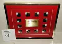 Front view showing all twelve pins, central plaque, frame and mat