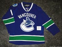 Front view of blue Vancouver Canucks jersey with crest and VANCOUVER wordmark