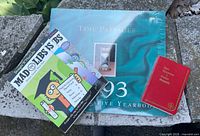 Front view of three Mad Libs books, sealed 1993 calendar, red New Testament