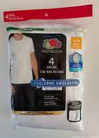Front of sealed package showing Fruit of the Loom branding and 4-pack details