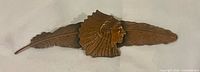 Front view of brooch showing feather and chief head detail