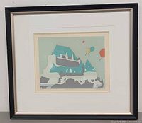 Full view of framed lithograph with mat and frame