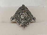 Front view of vintage 925 silver marcasite ring