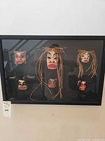 Front view of framed display showing all six masks