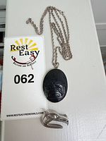 Pendant on chain and brooch together for scale and contents