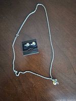 Full view of necklace and earrings displayed on surface