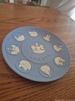 Front view of blue jasperware plate with relief landmarks