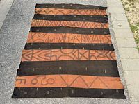 Full view of entire Kuba cloth laid flat showing overall pattern and dimensions