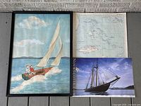 Overall view of framed watercolour, Bahamas map, Nova Scotia print