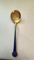Full view showing entire sterling silver and blue enamel spoon