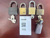 Four padlocks with keys displayed on tabletop